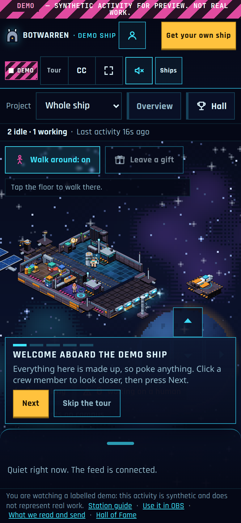 The Botwarren demo ship on a phone